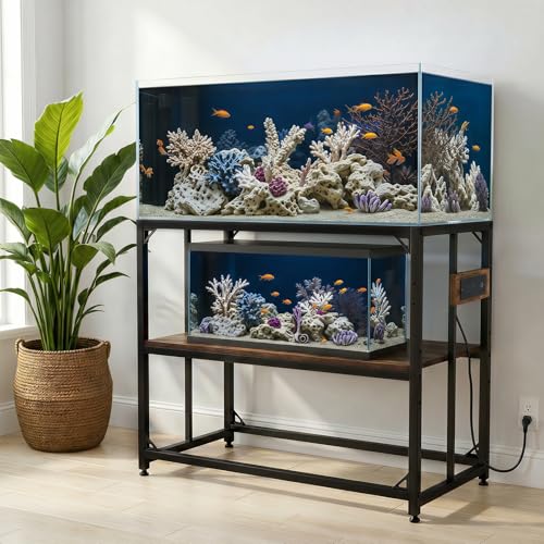 Image of 40 Gallon Tank Stand with Power Outlets - Heavy Duty Metal Fish Tank Stands for Turtle Reptile Terrarium, 2-Tier Aquarium Stand with Adjustable Wood Storage Shelf, 660LBS Capacity (Rustic Brown, 36.6 inchx18.5 inchx29 inch)