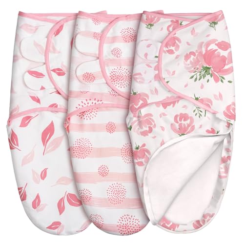 Image of GLLQUEN BABY Baby Swaddle Sleep Sacks with Zipper - 3-Pack Newborn Swaddling Sack, Baby Swaddles Sleep Sack 0-3 Months,Pink Floral or Leaves, Swaddling Blankets 3 Pack Wrap Set, Easy Change Swaddle