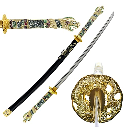 Makoto Handmade Sharp Katana Samurai Sword 42' Full Size Black - Detailed Dragon Head Handle (Color Handle)