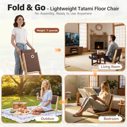 Tiita Foldable Tatami Chair, Japanese Floor Chair, Wood Legless Back Rest Chairs with Cushion, Accent Meditation Floor Chairs Bay Window, Wood Brown - Thumbnail 6