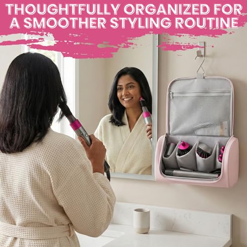 Image of OCEANEVO Travel Pouch for Airwrap Styler WITH Makeup Sponge, Storage Organiser Bag for Airwrap Attachments with Hanging Hook (Bag Only) - 31 x 14 x 16 Cm - Pink - 1 Year Warranty