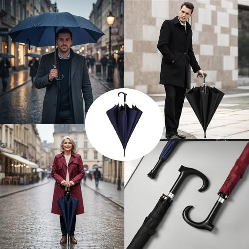 UTHDLM Windproof Walking Cane/Stick Umbrella, 8-Rib Reinforced Frame, Sun & Rain Protection, Anti-Slip, Large Windproof Strong, Men’s & Women’s Mobility Umbrella(Navy Blue)