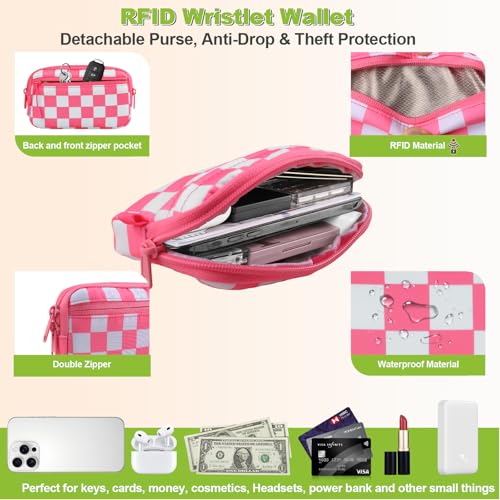 Image of YFWE Clip and Go Strap for Phone with Wallet Crossbody, Adjustable Phone Lanyard with Detachable RFID Wristlet Wallet, Phone Strap with Phone Tabs for All Phones, Pink Checkered (L)