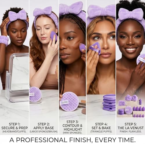 Image of 20pc Essential Makeup Sponge Kit Set - Soft-Touch Makeup Sponges for Cream & Liquid - Aesthetic Bow Spa Set & Wristbands - Under-Eye Precision Puffs & Blender Cleaner - Complete Beauty Organizer Kit for Girls & Women (Lavender Edition)
