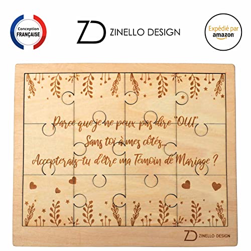 ZINELLO DESIGN - Puzzle aus Holz, Willst du mein Zeuge sein, originelle und personalisierte Geschenkidee, um Ihre Anfrage für Ihre Hochzeit zu machen, außergewöhnliche Ankündigung EVJF (mit Rahmen)