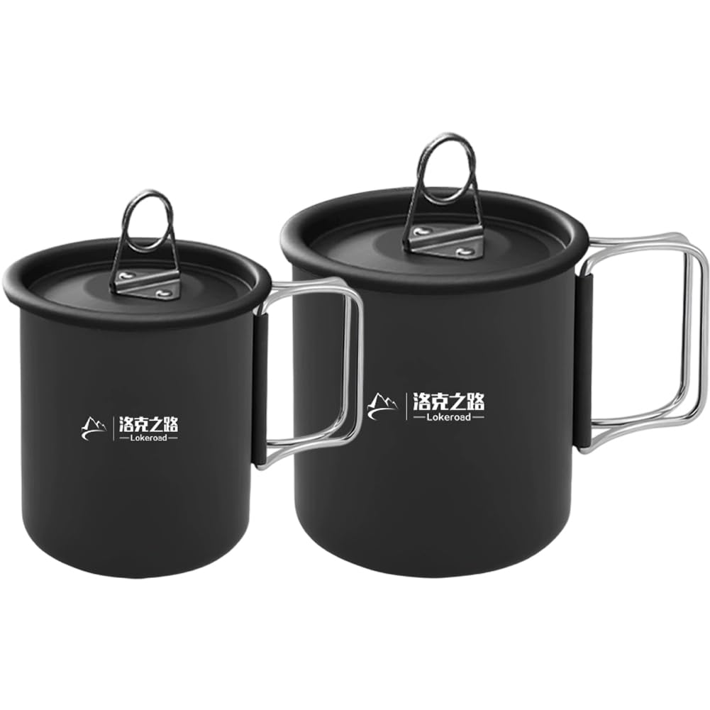 Gobelets de camping en titane et aluminium avec couvercle et poignée pliable - Lot de 2