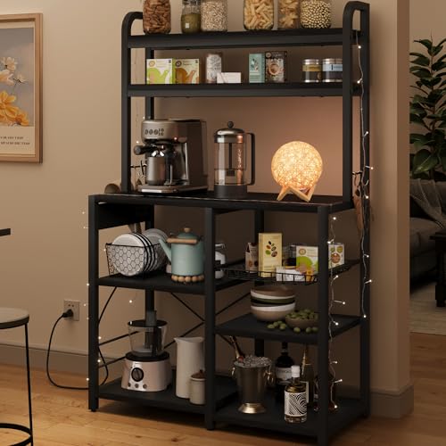 GarveeHome Microwave Stand Bakers Rack with Power Outlet, Kitchen Baker Rack with Wire Basket, 6-Tier Large Freestanding Utility Storage Shelf for Kitchen Dining Living Room, Rustic Black