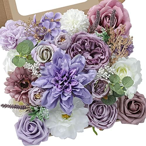 Serwalin Fake Purple Artificial Flowers Silk Dahlia Flowers Wedding Roses Bridal Bouquet Centerpieces Lavender Baby Shower Cake Home Decor DIY Craft Box Set Spring Floral Valentine Gift