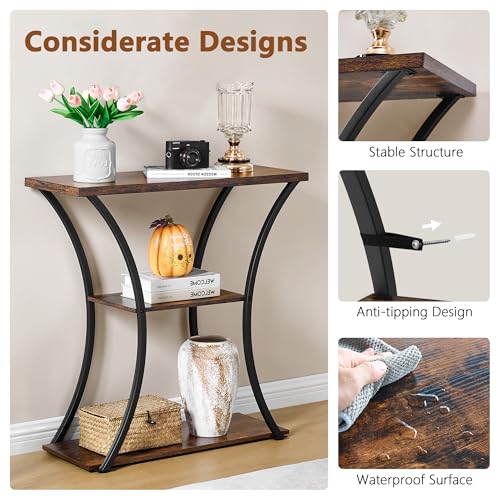 Hoctieon 3 Tier Console Table with Open Wood Shelves, Decorative Entryway Table with Curved Metal Frames, Narrow Sofa Table for Entrance, Living Room, Hallway, Rustic Brown+Black - Thumbnail 5