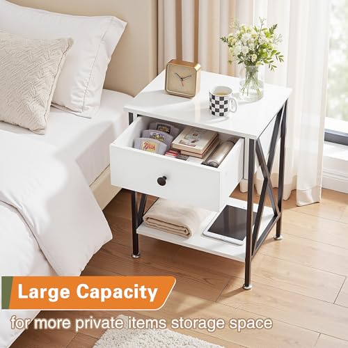 Image of VECELO Nightstands, Modern Bedside End Tables Set of 2, Night Stand with Drawer and Storage Shelf for Living Room Bedroom, Industrial Metal Frame
