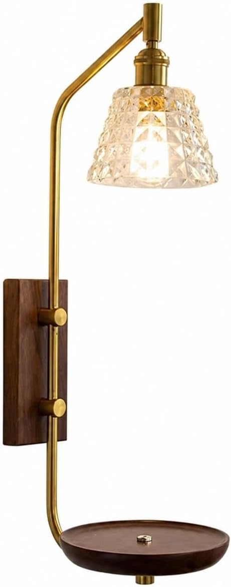Indoor Wall Light, 24.8" Vintage Bedside Brass, Walnut Wood Glass | Fixed Installation Creates Balanced Lighting for Bedrooms, Lounges, Hallways and Studies, for Routine Comfort