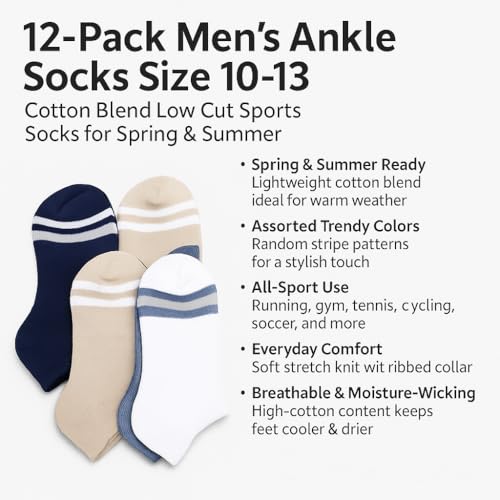 Dependable Industries inc. Essentials 12-Pack Men’s Ankle Socks Size 10–13 – Lightweight Cotton Blend Low-Cut Sports Socks for Spring & Summer – Breathable & Moisture-Wicking3