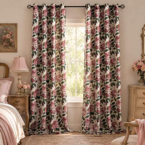 Image of ALIGOGO Pink Linen Floral Curtains 108 Inches for Living Room, 2 Panels