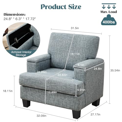 Image of Modern Accent Chairs Set of 2 with Armrest Storage, Upholstered Reading Chairs, Comfy Large Armchairs (Bluish Grey)