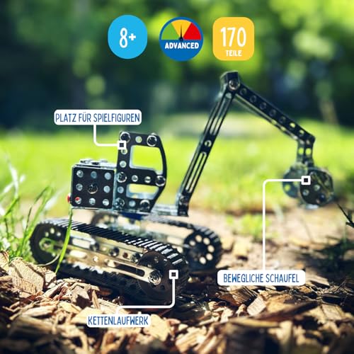Eitech 00087 Metallbaukasten - Bagger I, Modellauto mit 170 Bauteilen, Baustellenfahrzeug, Modellauto Bausatz, Konstruktionsspielzeug für Kinder ab 8 Jahren