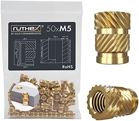 ruthex M5 wkładka gwintowa  50 sztuk RX-M5x9.5 złącze z mosiądzu  Stabilna nakrętka do elementów plastikowych wprowadzane do wydrukowanych w 3D części za pomocą ciepła lub ultradźwięków