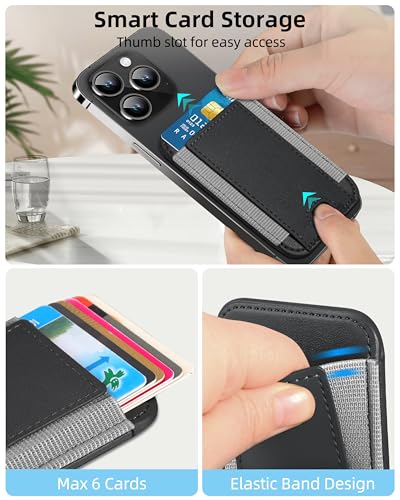 Image of Magnetic Card Wallet Holder for Apple Magsafe, Magnetic Card Holder Magsafe for iPhone 12 iPhone 13 /14 Magsafe Wallet, Mag-Safe Leather Wallet for Back of iPhone 14 /13 / 12 Series, Fit 6 Cards, Black | Magnetic Wallet for iPhone 12-17 Series, Minimalist Slim, 1 Slot, Black & Grey