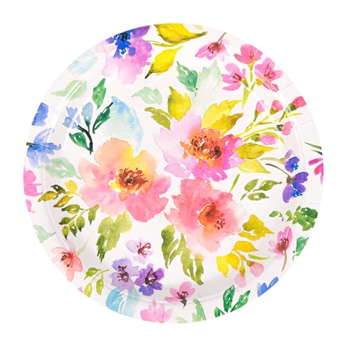 Elyxio 24Pcs Floral Paper Plates Spring Summer Flowers Disposable Party Dessert Plate 7" Watercolor Purple Pink Bouquet Meadow Plates for Birthday Wedding Baby Bridal Shower Party Supplies (24)