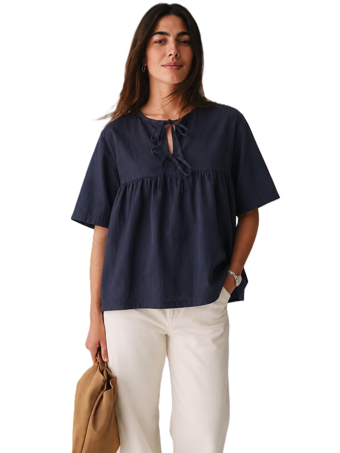 Women’s 100% Cotton Relaxed Fit Top with Tie-Front Neckline-picture-13