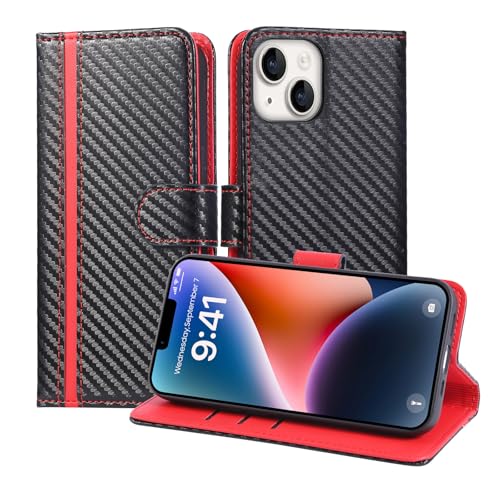 KW-LINK iPhone 14 ケース 手帳型 iPhone 13 ケース 手帳型 耐衝撃 炭素繊維風 マグネット開閉式 アイフォン13 アイフォン14 ケースカバー 財布型 カード収納 肌触り良い いphone14 手帳型ケース スタンド機能 全面保護 指紋防止 軽量 iPhone14 スマホケース シンプル おしゃれ 男性向け カーボン調ケース(レッド)