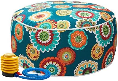 MAGPIE FABRICS Indoor/Outdoor Inflatable Stool Ottoman Pouf, Water Repellent Round Footrest Footstool with Foot Pump D20 xH9, Portable for Patio Garden Camping or Home, Heronsbill Turquoise Green
