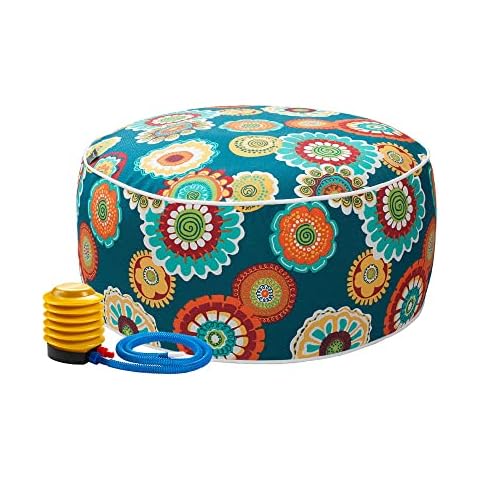 Magpie Fabrics Indoor/Outdoor Inflatable Stool Ottoman Pouf, Water Repellent Round Footrest Footstool with Foot Pump D20 xH9, Portable for Patio Garden Camping or Home, Heronsbill Turquoise Green Cover