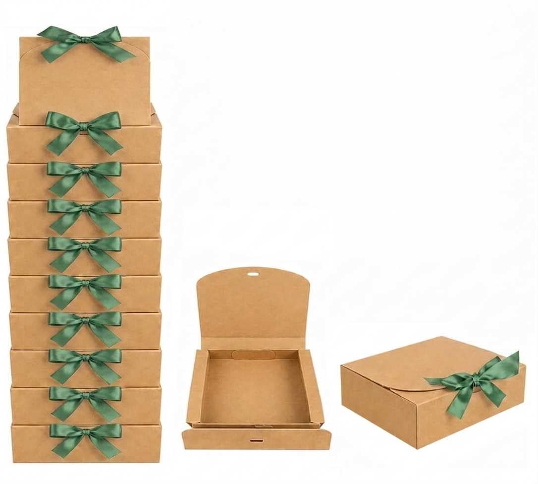 Emartbuy Brown Kraft Gift Box with Green Ribbon – 31 x 25.5 x 8 cm – Fits Books, Photo Frames & Flat Gift Sets – Birthdays Weddings Christmas Corporate Gifting Trade Wholesale – Pack of 12