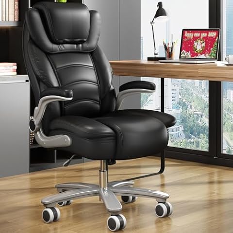 Sucrever Black Executive Office Chair Flip-up Arms, Big and Tall Office Chairs 400lbs Wide Seat, High Back Leather Office Chairs Lumbar Support, Adjustable Heavy Duty Computer Desk Chairs with Wheels Cover