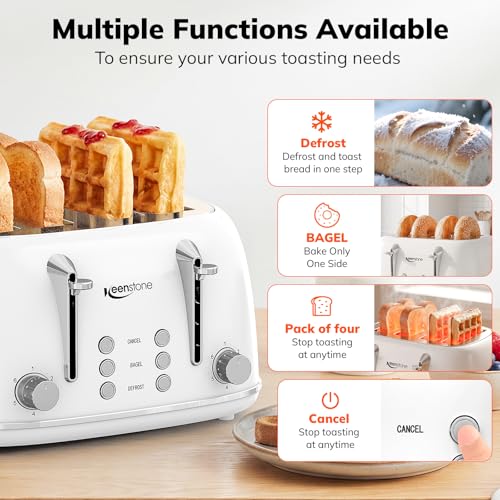 Image of Keenstone Toaster 4 Slice, Retro Stainless Steel Wide Slot Toaster with Dual Independent Controls, 6 Browning Levels, Bagel, Defrost, Reheat & Cancel, Removable Crumb Tray, White