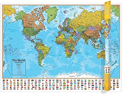Waypoint Geographic Hemispheres Laminated World Wall Map w/ Blue Oceans - Easy to Read Up-to-Date Locations, Country Flags, Populations & Legend - Poster Size Wall Art (Large 51" x 38") - Ships Rolled