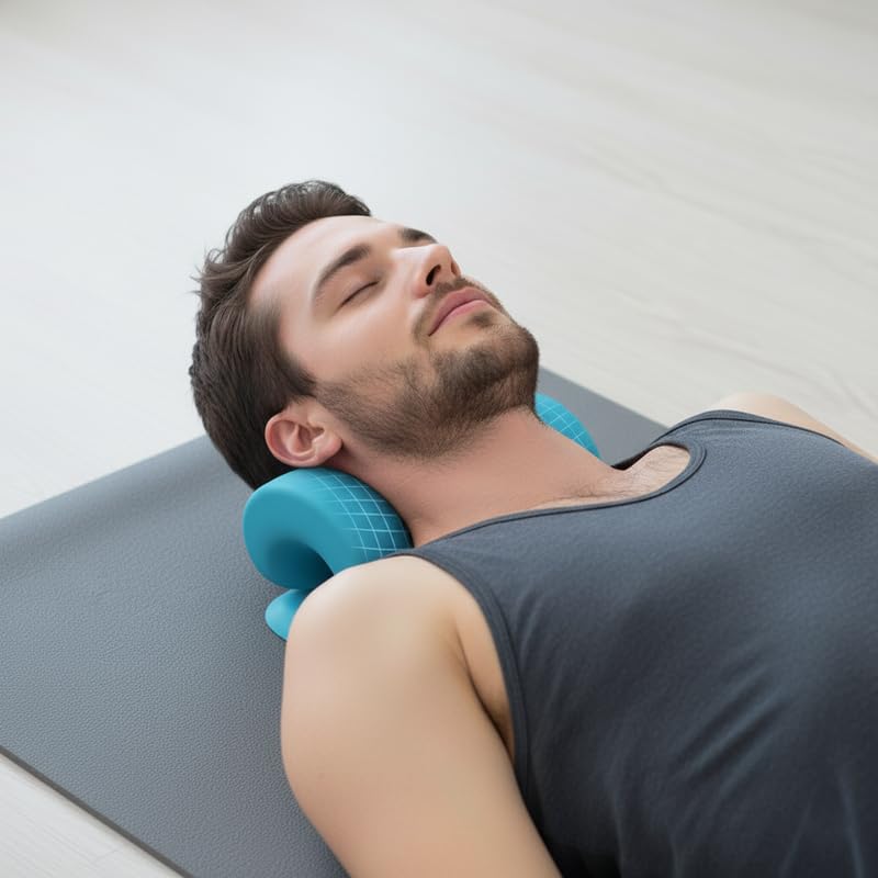 Image of Neck and Shoulder Relaxer, Cervical Traction Device for Pain Relief and Cervical Spine Alignment |Neck Stretcher Chiropractic Pillow Pain Relief Pillow (Blue, Men)