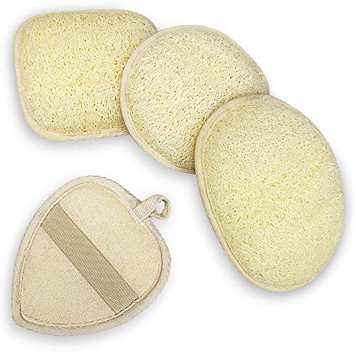 100% Natural Exfoliating-Loofah Sponge-Pads, Facial and Body-Scrubber for Use in Shower, Made of Organic Luffa Sponge and Soft Terry Cloth, Bath Accessories for Women & Men Skin Care (4 Packs)