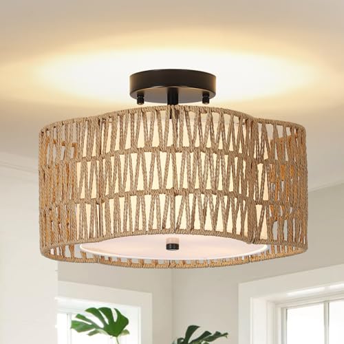 Stepeak Rattan Deckenlampe Wohnzimmer, 3-flammige Boho Deckenleuchte mit Rattan und Leinen Lampenschirm, Bauernhaus Rattan Deckenleuchte Bambus, Rustikale Deckenlampe für Schlafzimmer Küche Flur Büro