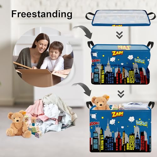 Clastyle Blue City Skyline Hero Kids Laundry Hamper for Boys Waterproof Foldable Clothes Toy Shelf Storage Basket for Baby Nursery Room Skyline - Image 3