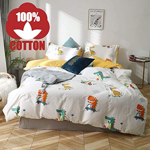 AOJIM Reversible 3 Pieces Dinosaur Duvet Cover Cartoon Animal Print Bedding Set 100% Cotton Color Dino Sauropoda Comforter Cover Twin Queen for Boys/Teens/Men (Dinosaur-F, Full/Queen)