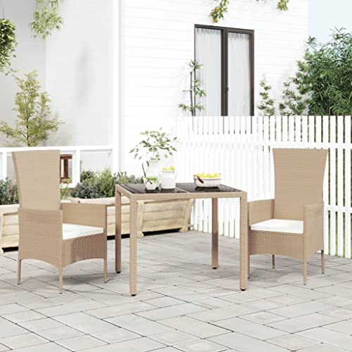 KATERYY Tavolo da Giardino Piano Vetro Beige Polyrattan Vetro Temperato,Tavolo da Giardino in Vimini con Piano in Vetro per Esterni Patio Tavolini da Caffé