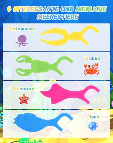 NETONDA 128 Stück Zahnseide Kinder Dental Floss für engen Zahnzwischenräume Zahnseide Sticks mit 4 bunte Griffe in Form von Meerestieren Flossers Kids - Fluorfrei, wachsfrei, rutschhemmend(4X32Stk) – Bild 3