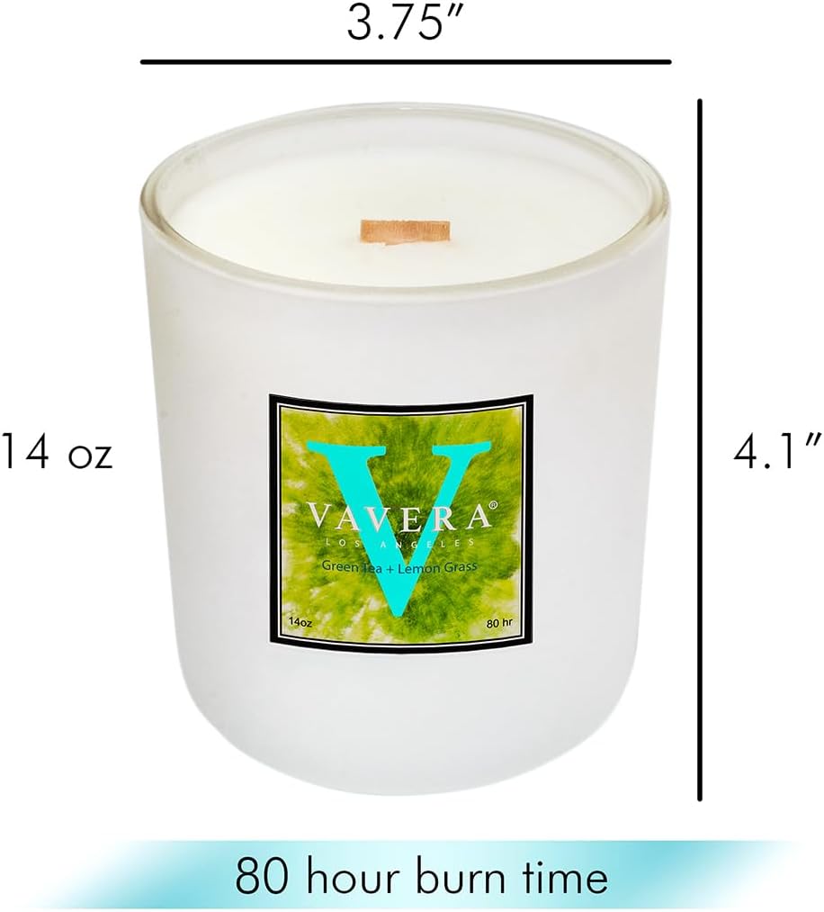 Green Tea + Lemon Grass Wood Wick Candles that Crackle (14oz/Matte Soy Candle). an Amazing Spa Fragrance. Amazing Christmas Gift. Vegan, Non Toxic Hand-Crafted in USA.