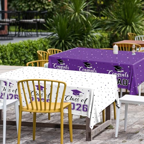 Image of 2026 Graduation Decorations,Congrats Grad Tablecloth 2pcs White Purple Class of 2026 Table Covers Rectangle for Graduation Party Supplies,108x54inch(Purple)