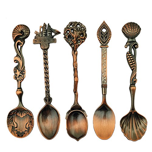 Vintage Spoon Sevenmore 5 Pcs/Set Mini Bronze Vintage Royal Style Coffee Cooking Spoon Ice Cream Dessert Sugar Scoop