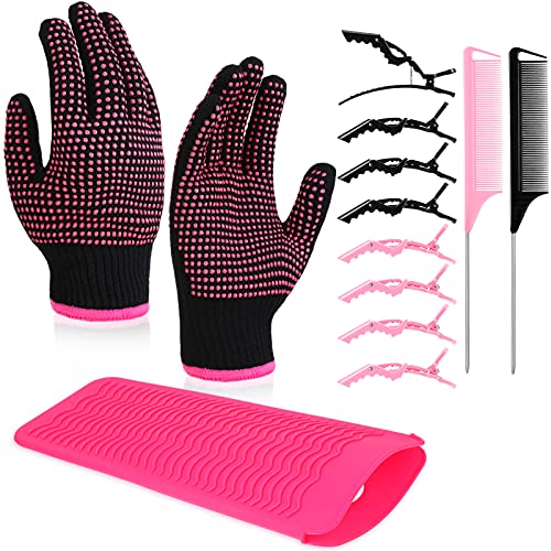 13 Pieces Hair Styling Set Including Heat Resistant Gloves with Silicone Bumps, Silicone Mat Pouch, Hair Clips and Pintail Comb for Hair Curling for Hot Flat Iron Wands Straighteners