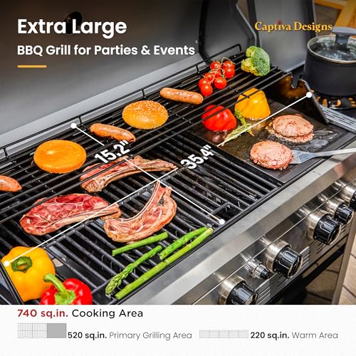 Image of Captiva Designs 6-Burner Propane Gas BBQ Grill with Side Burner & Porcelain-Enameled Cast Iron Grate and Plate for Outdoor Barbucue Events, 52,000 BTU Output,740 SQ.IN. Cooking Area,Heavy Duty