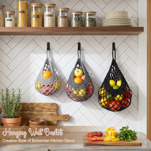 Image of Honeydak 3 Hanging Baskets, Grey, White, Dark Grey, Crochet, Cotton Rope