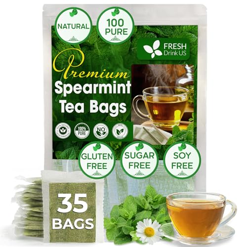 Image of FreshDrinkUS, Premium 35 Spearmint Tea Bags, 100% Natural Spearmint Leaves. Loose Leaf Spearmint Herbal Tea. Spearmint Leaf Tea. No Sugar, No Caffeine, No Gluten, Vegan.