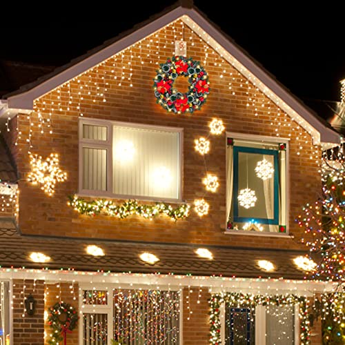30 Inch Super Large Snowy Prelit Christmas Wreath For Front Door Timer 80 Warm Lights Dual Frame 4 Poinsettia 8 Balls 220 Branch 12 Pinecone 60 Red Berries Battery Operated Christmas Decoration Home #TOP5