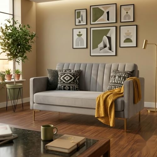 Image of Velum 3 Seater Sofa for Living Room & Office | Premium Fabric Upholstery | Solid Wood Frame | Comfortable Seating | 3 Years Warranty (Light Grey, 2 Seater Sofa)