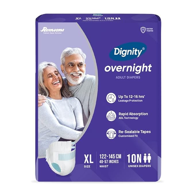 Image of DIGNITY Overnight Tape Style Adult Diapers - XL (20 Pieces) With Wetness Indicator and Leakage Protection Upto 12-16 Hrs.
