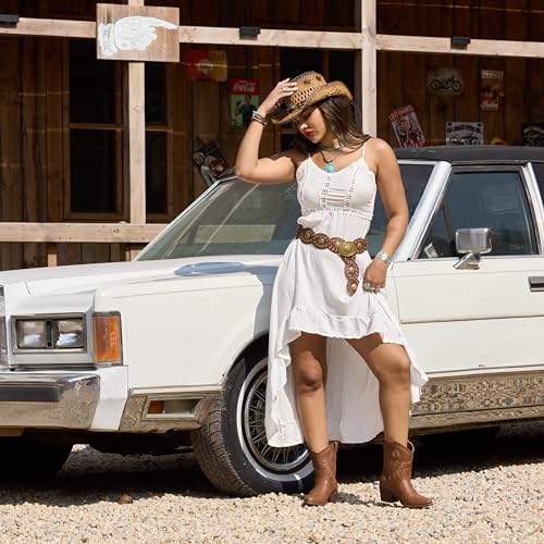 Image of IXU Cowboy Boots for Women Ankle Cowgirl Booties Wide Mid Calf Pointed Toe Western Boots Short Chunky Classic Booties