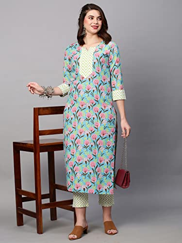 Image of GoSriKi Women's Cotton Blend Printed Straight Kurta With Pant
