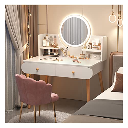 化粧台化粧台 引き出し付きの丸みを帯びた鏡付きコーナーデザイン 頑丈で耐久性のある多目的拡大デスクトップ無垢材テーブル脚 花びらの柔らかいスツール付き(Size:80x40x120cm,Color:white-001)